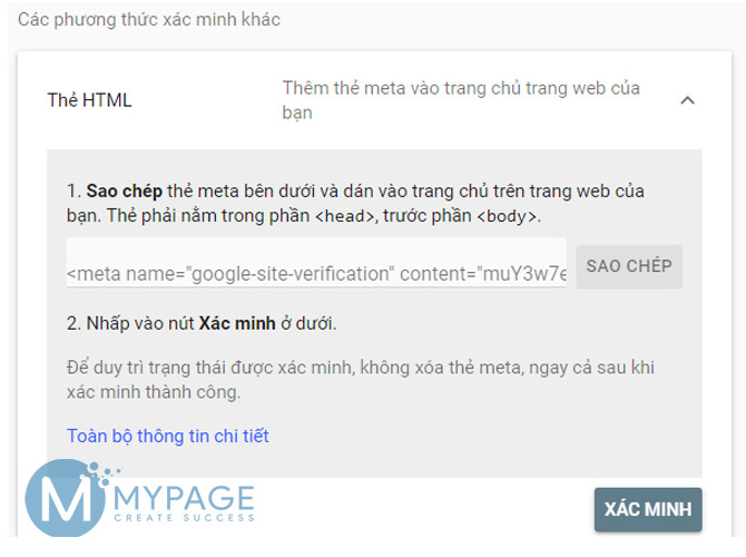 Dùng thẻ HTML xác nhận quyền sở hữu web