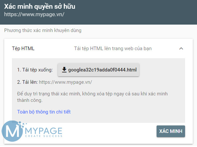 Tải lên tệp HTML xác nhận quyền sở hữu trang web từ google search console