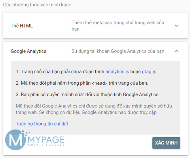 Sử dụng google analytics xác minh quyền sở hữu web