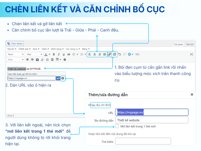 Chèn liên kết, hình ảnh và căn chỉnh bố cục
